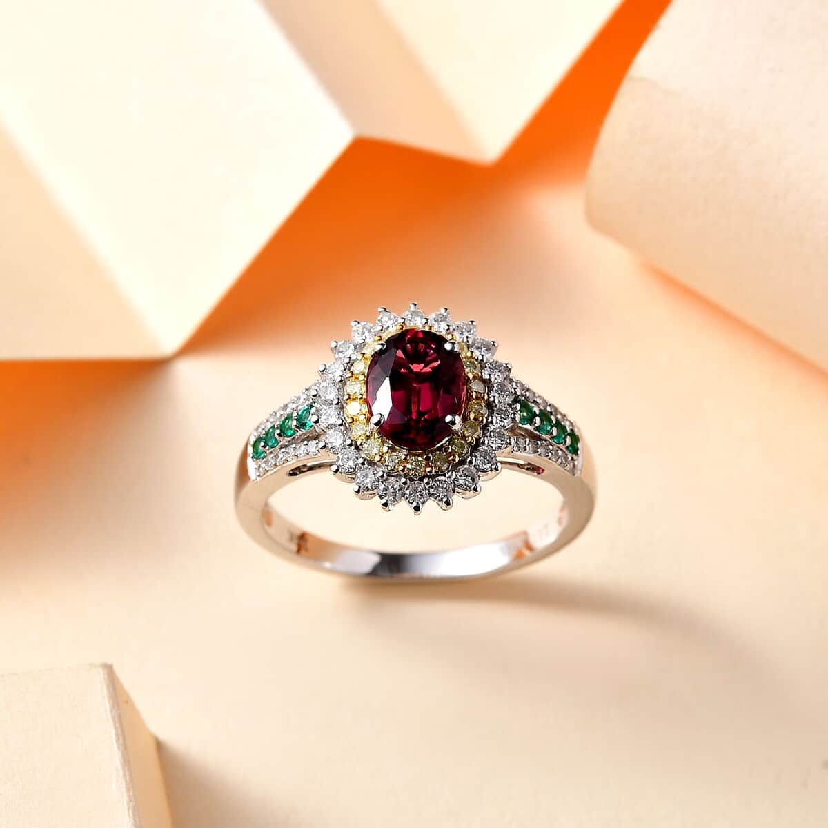 Luxoro AAA Shimoyo Rubellite, Boyaca Colombian Emerald, I2 Natural Yellow and White Diamond 2.15 ctw Ring in 14K White Gold (Size 8.0) 4.15 Grams image number 1