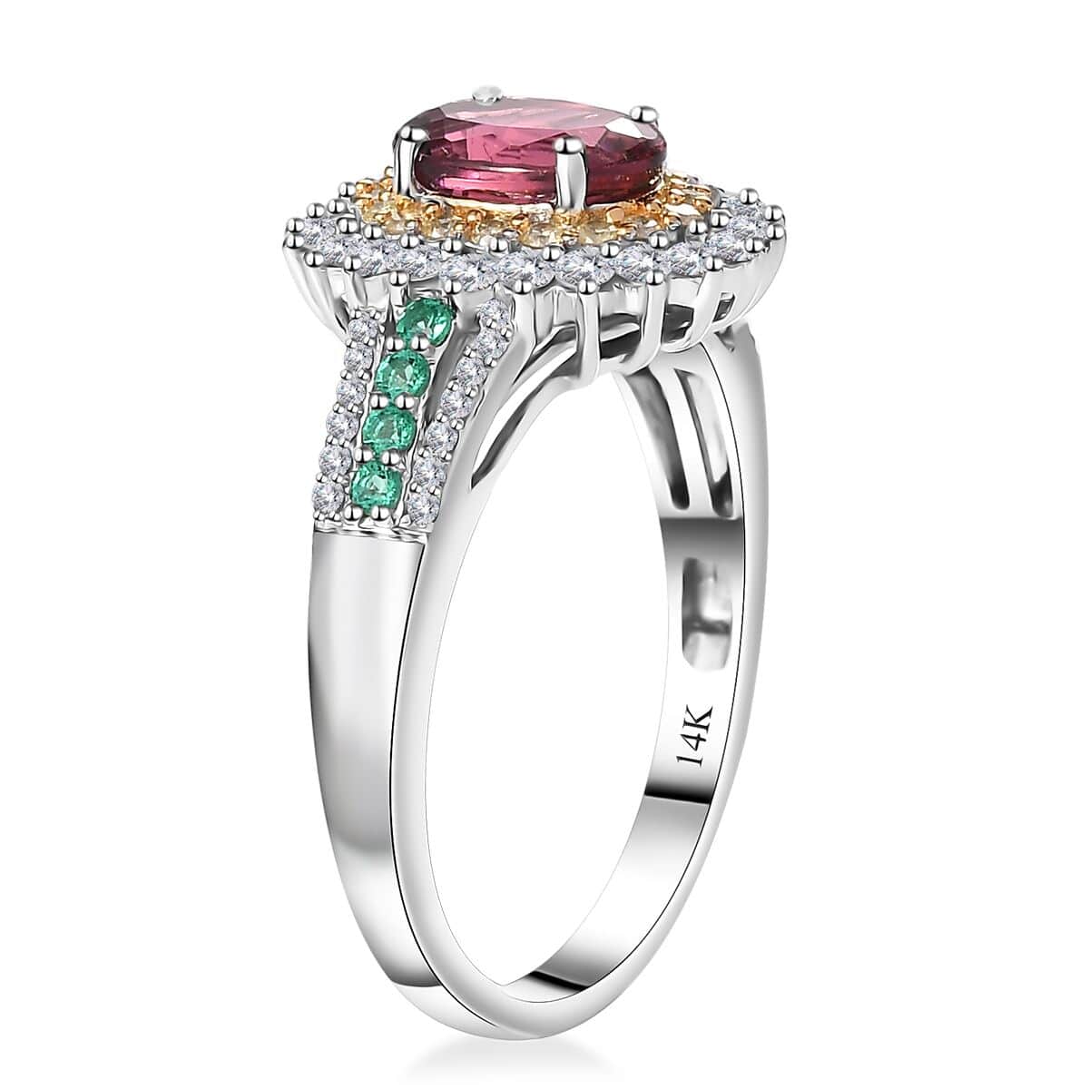 Luxoro AAA Shimoyo Rubellite, Boyaca Colombian Emerald, I2 Natural Yellow and White Diamond 2.15 ctw Ring in 14K White Gold (Size 8.0) 4.15 Grams image number 3