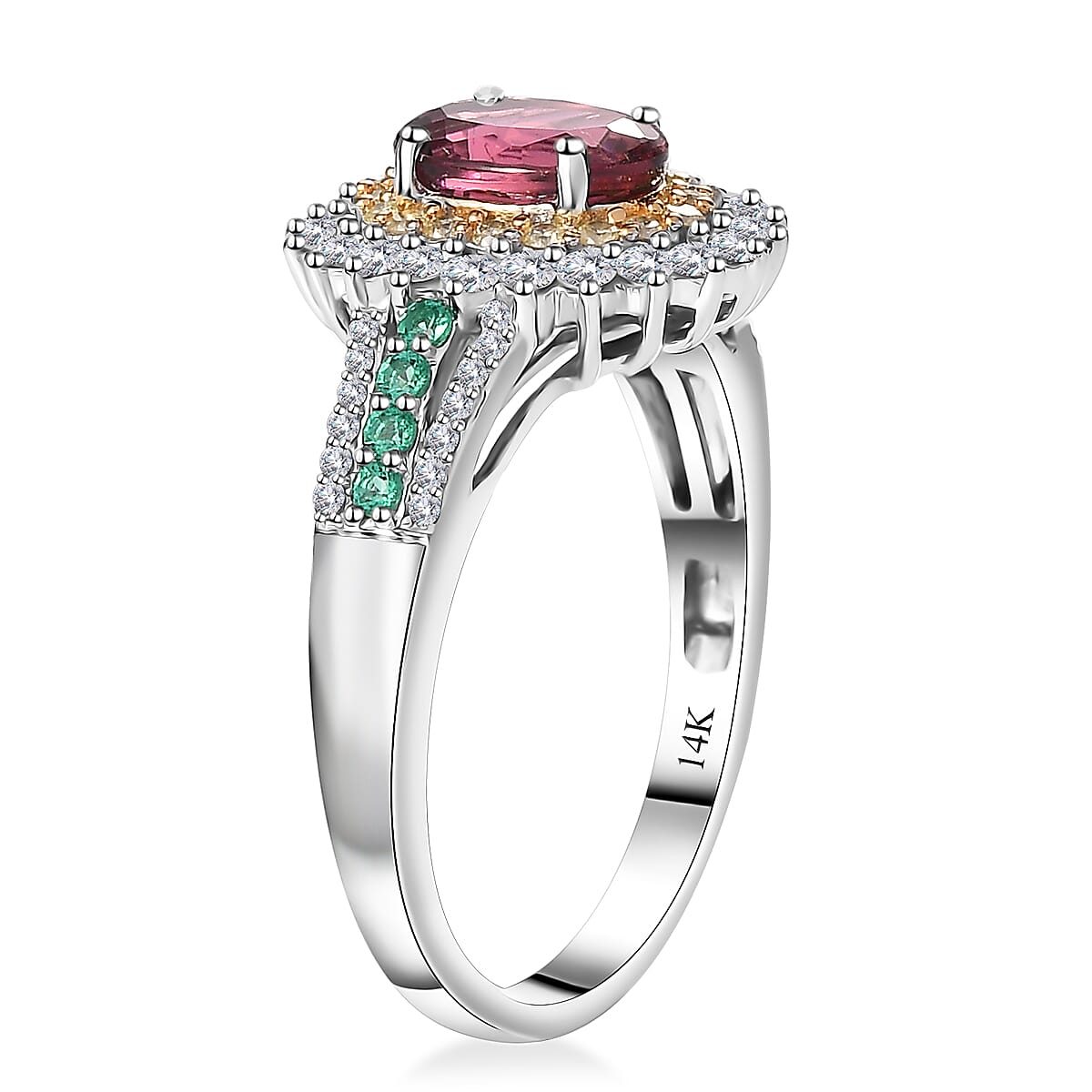 Luxoro AAA Shimoyo Rubellite, Boyaca Colombian Emerald, I2 Natural Yellow and White Diamond 2.15 ctw Ring in 14K White Gold (Size 8.5) 4.15 Grams image number 3