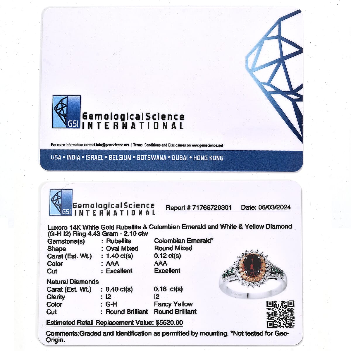 Luxoro AAA Shimoyo Rubellite, Boyaca Colombian Emerald, I2 Natural Yellow and White Diamond 2.15 ctw Ring in 14K White Gold (Size 8.5) 4.15 Grams image number 6