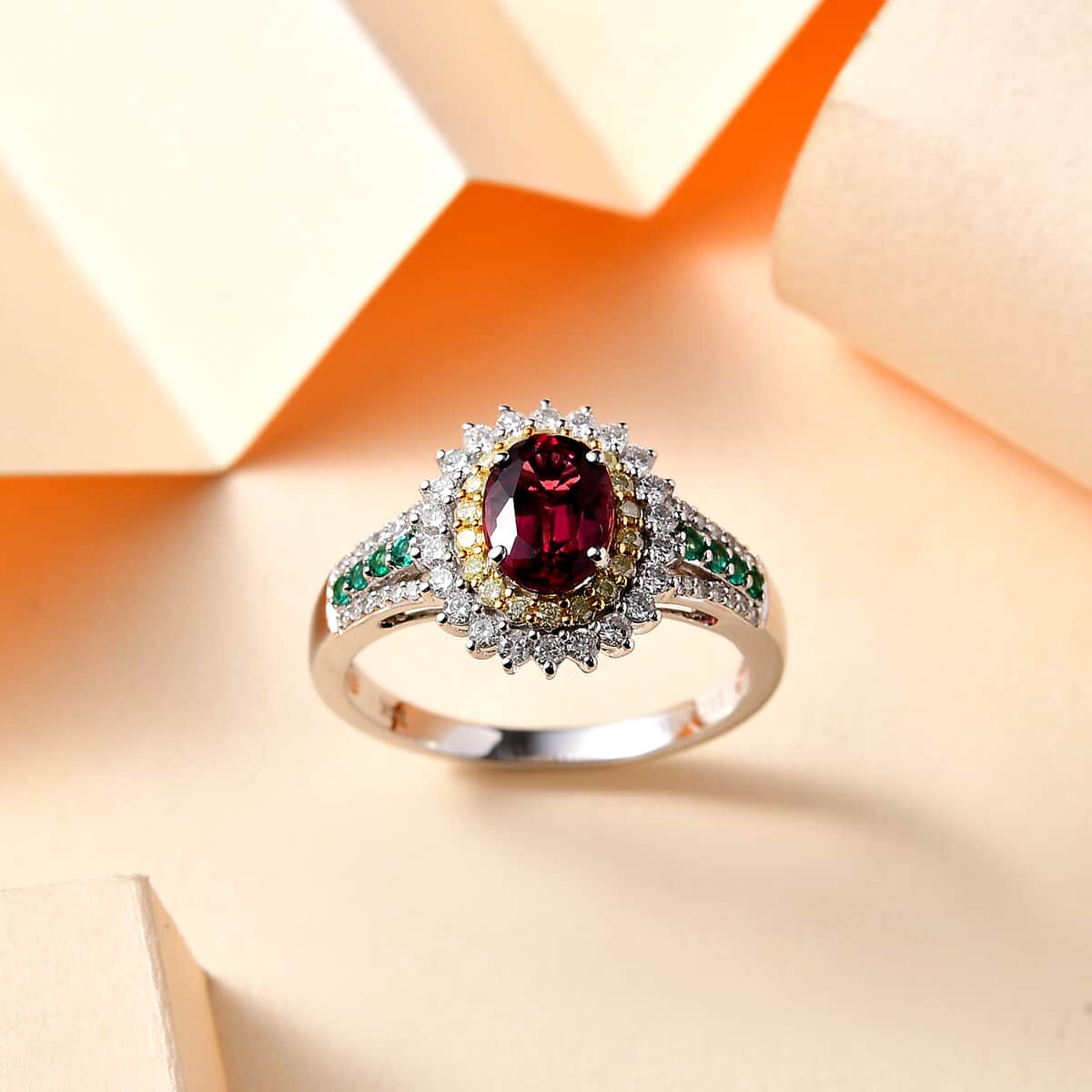 Luxoro 14K White Gold AAA Ouro Fino Rubellite, Boyaca Colombian Emerald, I2 Natural Yellow and White Diamond Ring 4.40 Grams 2.10 ctw image number 1