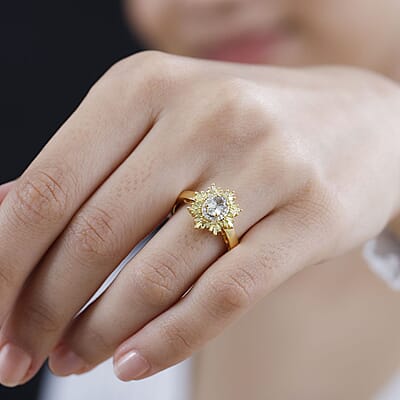 AAA Turkizite, Yellow and White Diamond Sunrays Ring in 18K Vermeil Yellow Gold Over Sterling Silver (Size 10.0) 0.85 ctw