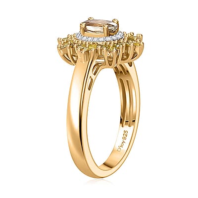 AAA Turkizite, Yellow and White Diamond Sunrays Ring in 18K Vermeil Yellow Gold Over Sterling Silver (Size 10.0) 0.85 ctw