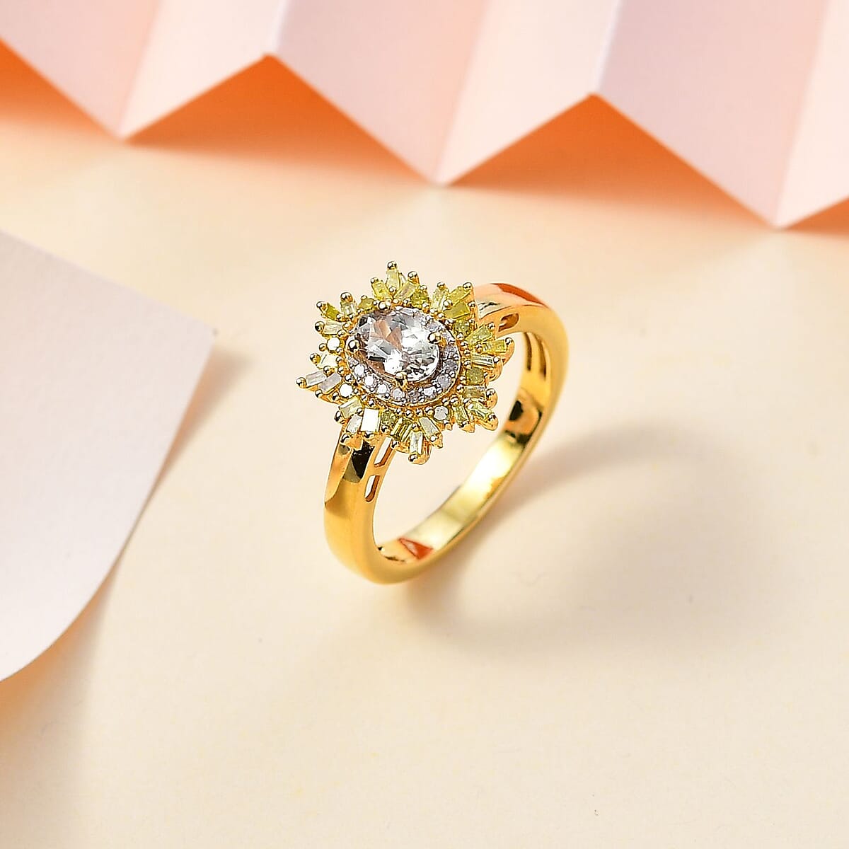 AAA Turkizite, Yellow and White Diamond Sunrays Ring in 18K Vermeil Yellow Gold Over Sterling Silver (Size 6.0) 0.85 ctw image number 1