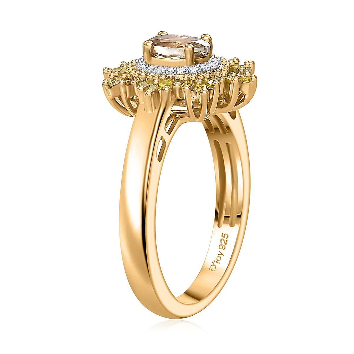 AAA Turkizite, Yellow and White Diamond Sunrays Ring in 18K Vermeil Yellow Gold Over Sterling Silver (Size 6.0) 0.85 ctw image number 3