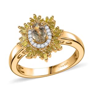 AAA Turkizite, Yellow and White Diamond Sunrays Ring in 18K Vermeil Yellow Gold Over Sterling Silver (Size 7.0) 0.85 ctw