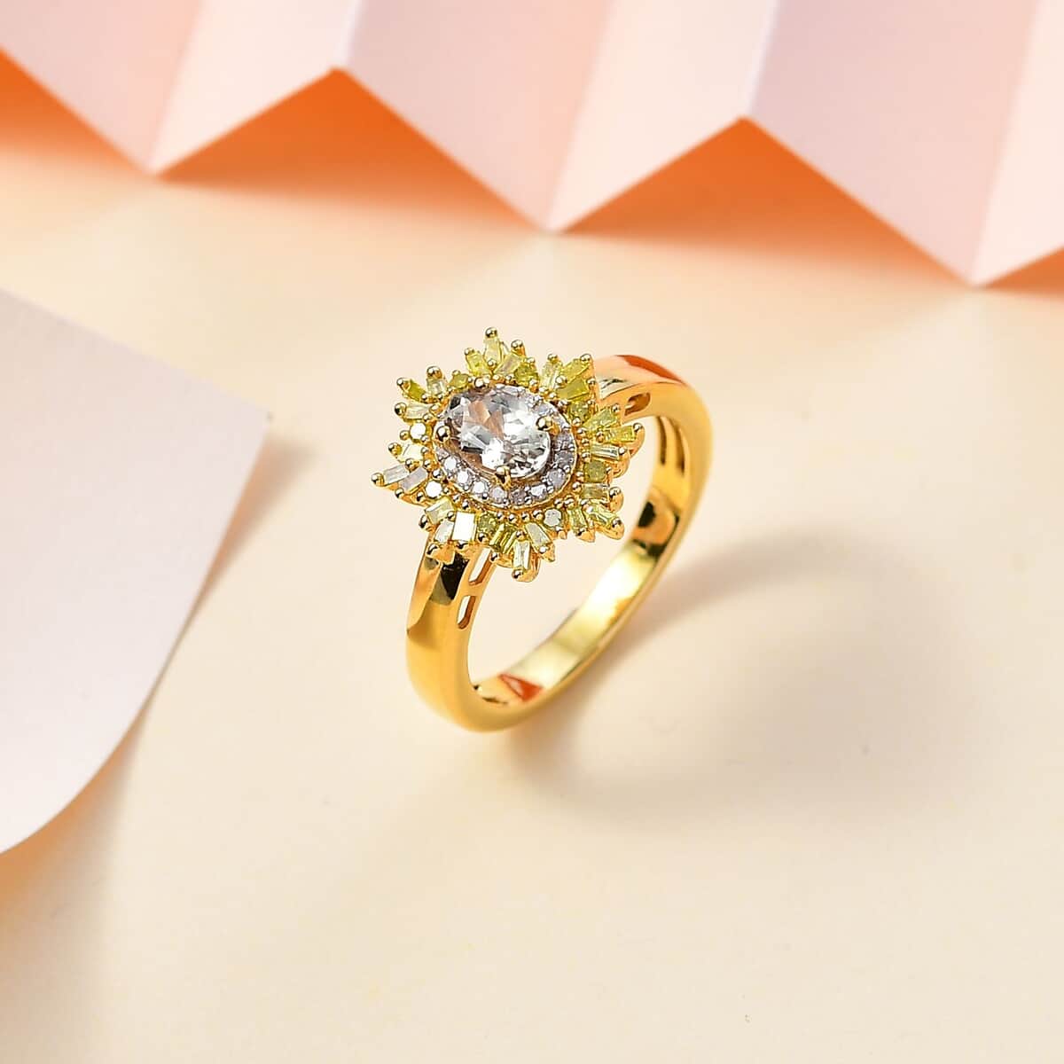 AAA Turkizite, Yellow and White Diamond Sunrays Ring in 18K Vermeil Yellow Gold Over Sterling Silver (Size 7.0) 0.85 ctw image number 1