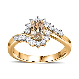 AAA Turkizite and Moissanite Bypass Ring in 18K Vermeil Yellow Gold Over Sterling Silver (Size 5.0) 0.90 ctw