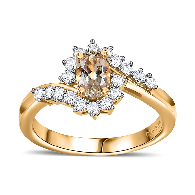 AAA Turkizite and Moissanite Bypass Ring in 18K Vermeil Yellow Gold Over Sterling Silver (Size 7.0) 0.90 ctw
