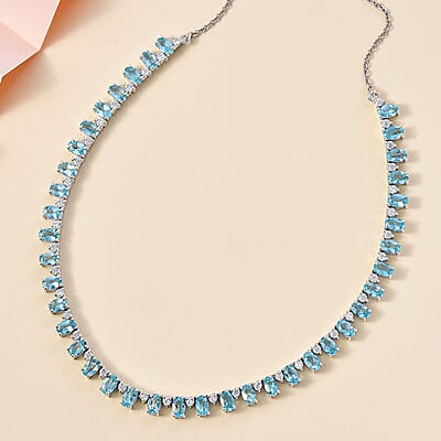D'Joy Premium Betroka Blue Apatite and Moissanite Ocean Drop Necklace 18-20 Inches in Rhodium Over Sterling Silver 11.60 ctw