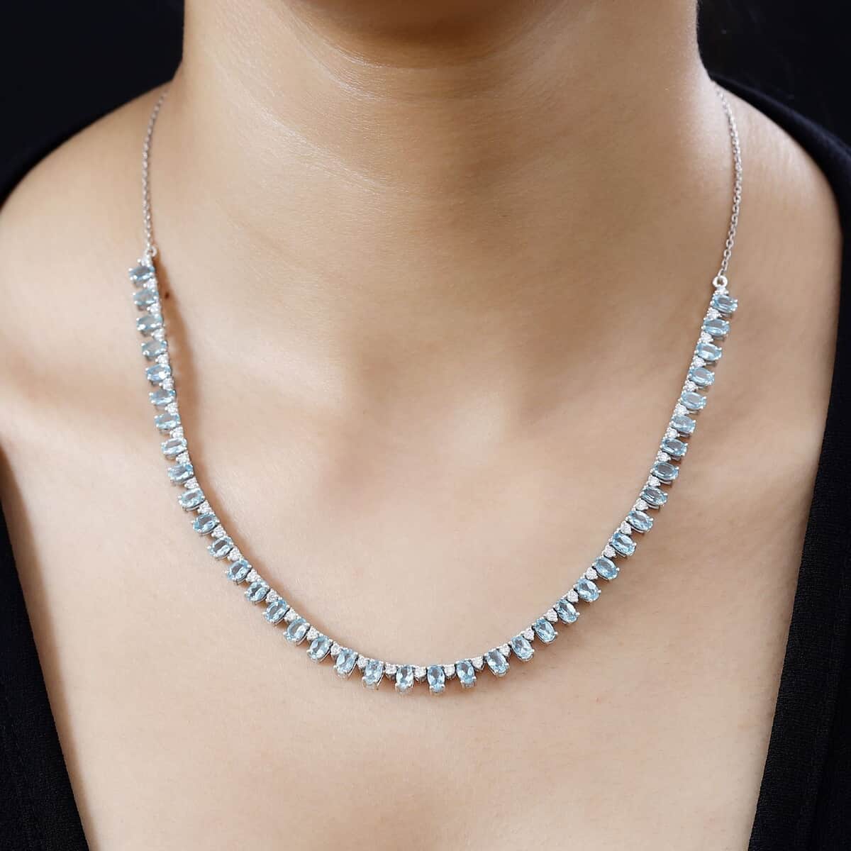 Premium Betroka Blue Apatite and Moissanite Ocean Drop Necklace 18-20 Inches in Rhodium Over Sterling Silver 11.60 ctw image number 2