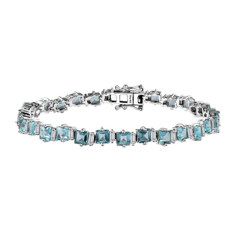 D'Joy Premium Paraiba Apatite and Moissanite Ocean Wave Bracelet in Rhodium Over Sterling Silver (7.25 In) 12.25 ctw