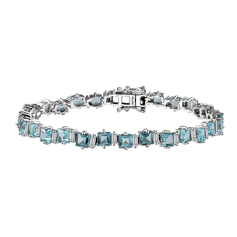 D'Joy Premium Paraiba Apatite and Moissanite Ocean Wave Bracelet in Rhodium Over Sterling Silver (7.25 In) 12.25 ctw