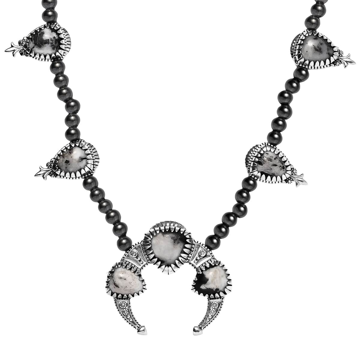 Artisan Crafted White Buffalo Squash BlossomNecklace 18 Inches in Black Oxidized Sterling Silver 36.15 ctw image number 0