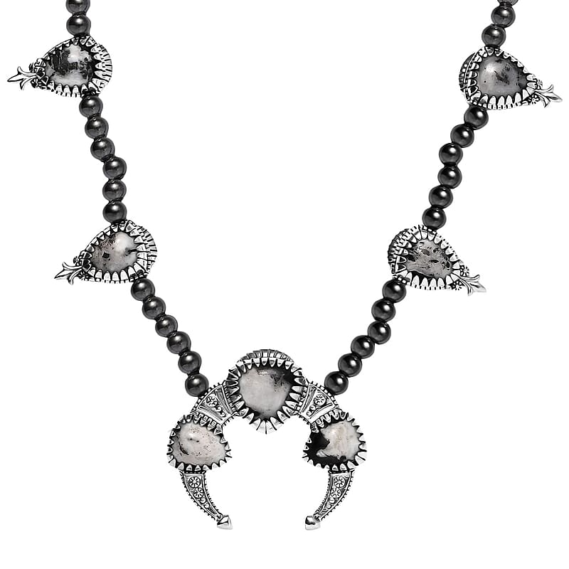 Artisan Crafted White Buffalo Squash BlossomNecklace 18 Inches in Black Oxidized Sterling Silver 36.15 ctw