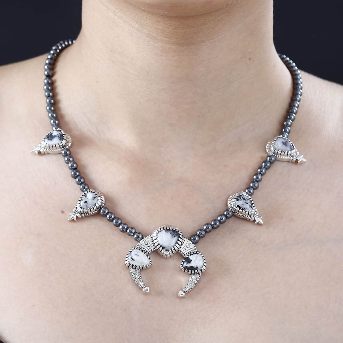 Artisan Crafted White Buffalo Squash BlossomNecklace 18 Inches in Black Oxidized Sterling Silver 36.15 ctw image number 2