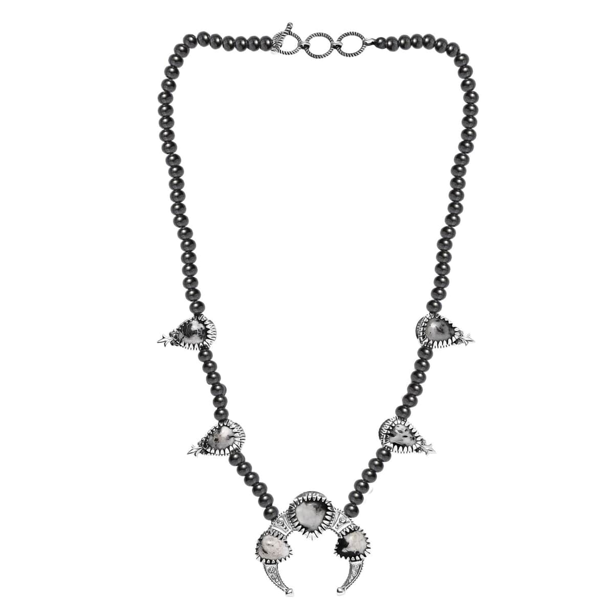 Artisan Crafted White Buffalo Squash BlossomNecklace 18 Inches in Black Oxidized Sterling Silver 36.15 ctw image number 3