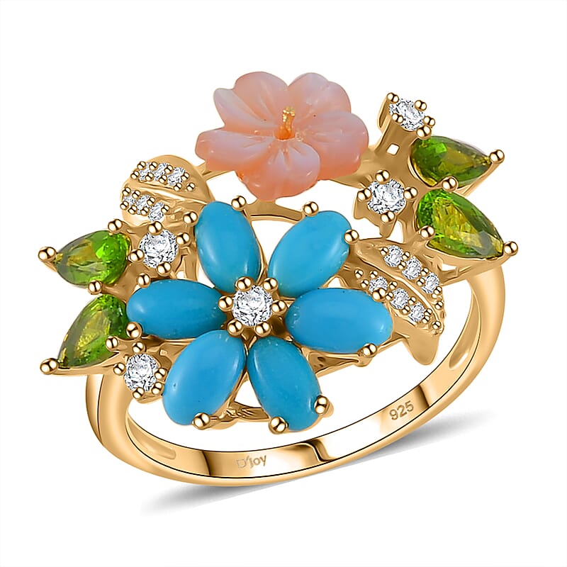 Purple Mother of Pearl and Multi Gemstones 2.35 ctw Floral Ring in Vermeil Yellow Gold Over Sterling Silver (Size 10.0)