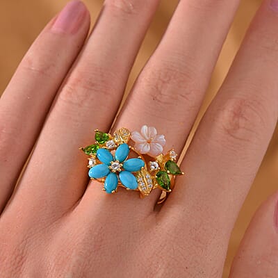 Purple Mother of Pearl and Multi Gemstones 2.35 ctw Floral Ring in Vermeil Yellow Gold Over Sterling Silver (Size 10.0)