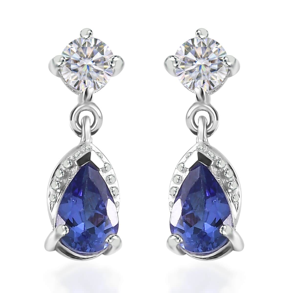 AAA Tanzanite and Moissanite Drop Earrings in Rhodium Over Sterling Silver 1.20 ctw image number 0