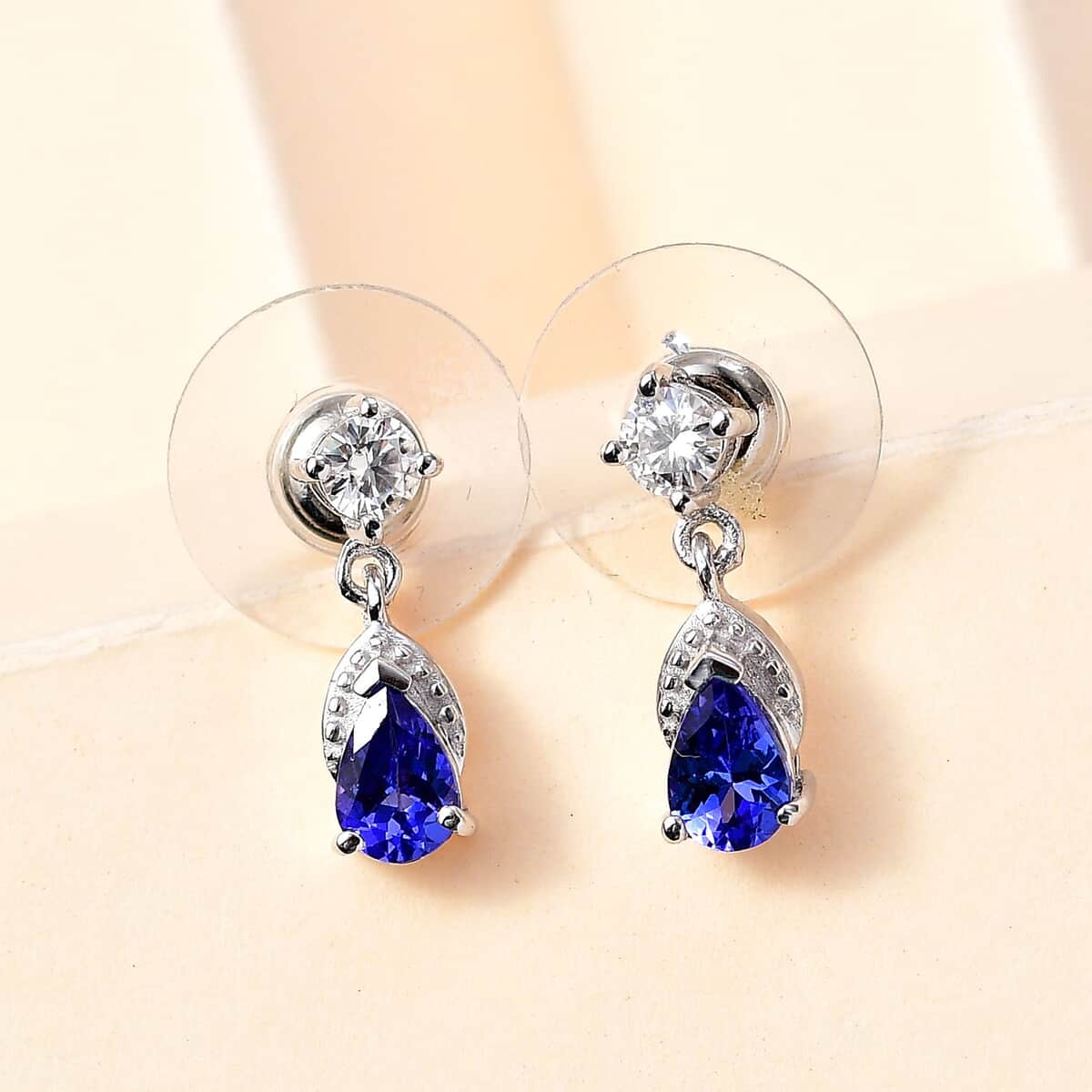 AAA Tanzanite and Moissanite Drop Earrings in Rhodium Over Sterling Silver 1.20 ctw image number 1