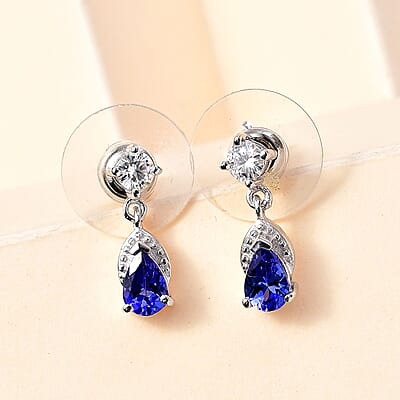 AAA Tanzanite and Moissanite Drop Earrings in Rhodium Over Sterling Silver 1.20 ctw