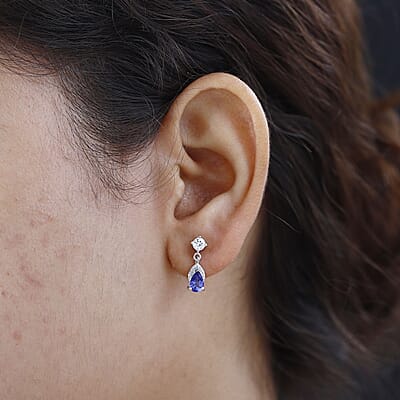 AAA Tanzanite and Moissanite Drop Earrings in Rhodium Over Sterling Silver 1.20 ctw