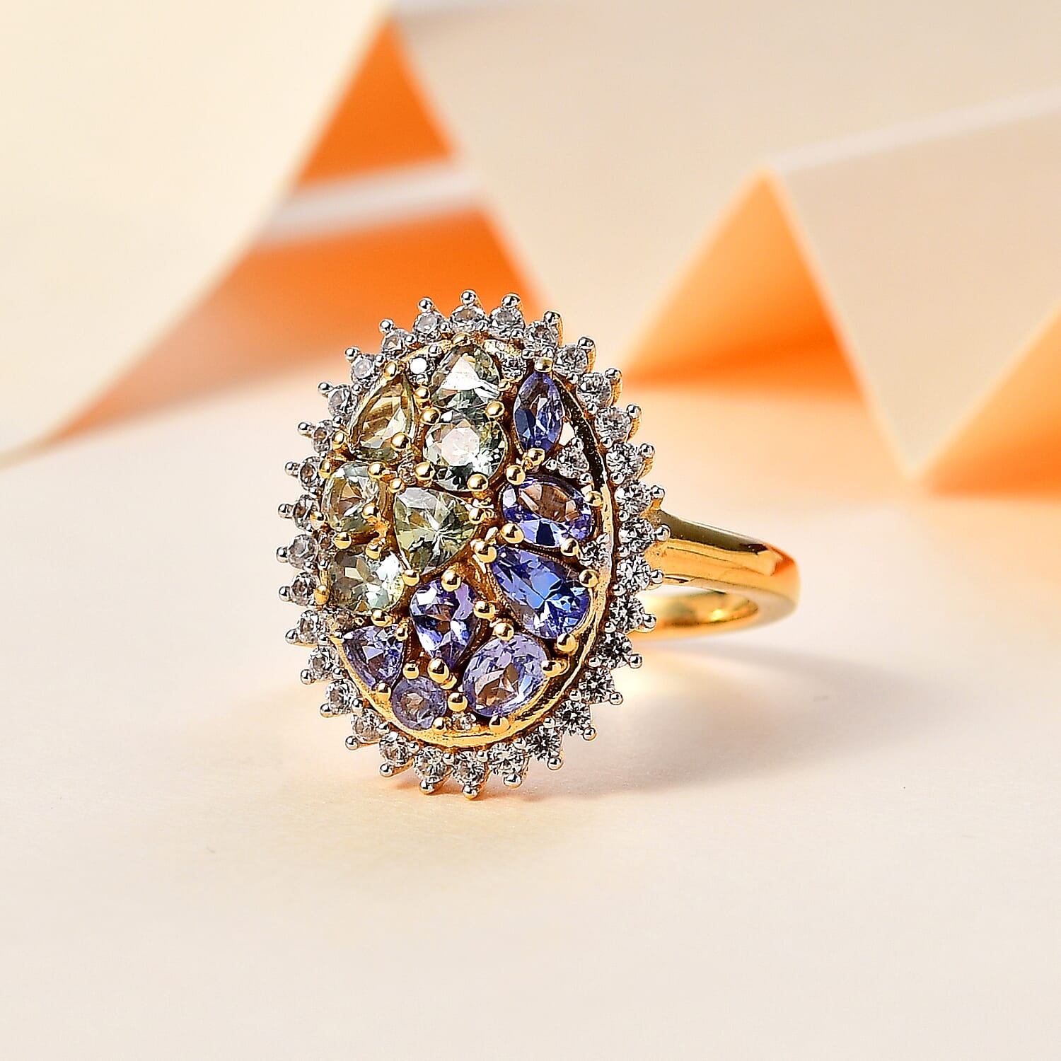 Tanzanite and Multi Gemstone Northern Lights Cocktail Ring in 18K Vermeil Yellow Gold Over Sterling Silver (Size 10.0) 2.60 ctw
