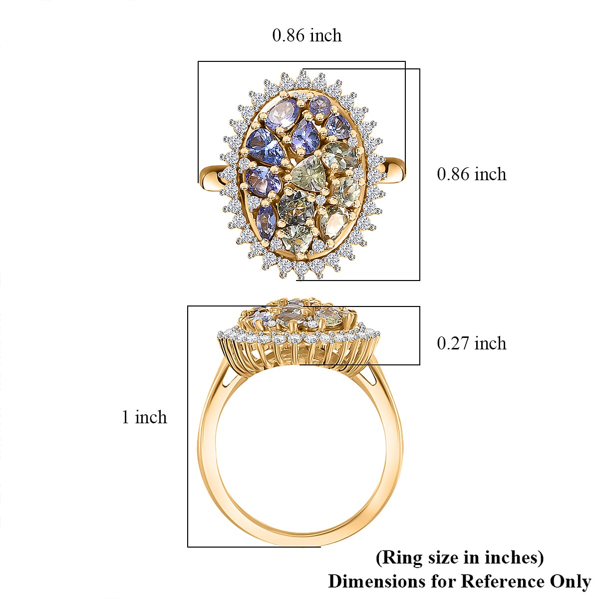 Tanzanite and Multi Gemstone Northern Lights Cocktail Ring in 18K Vermeil Yellow Gold Over Sterling Silver (Size 10.0) 2.60 ctw