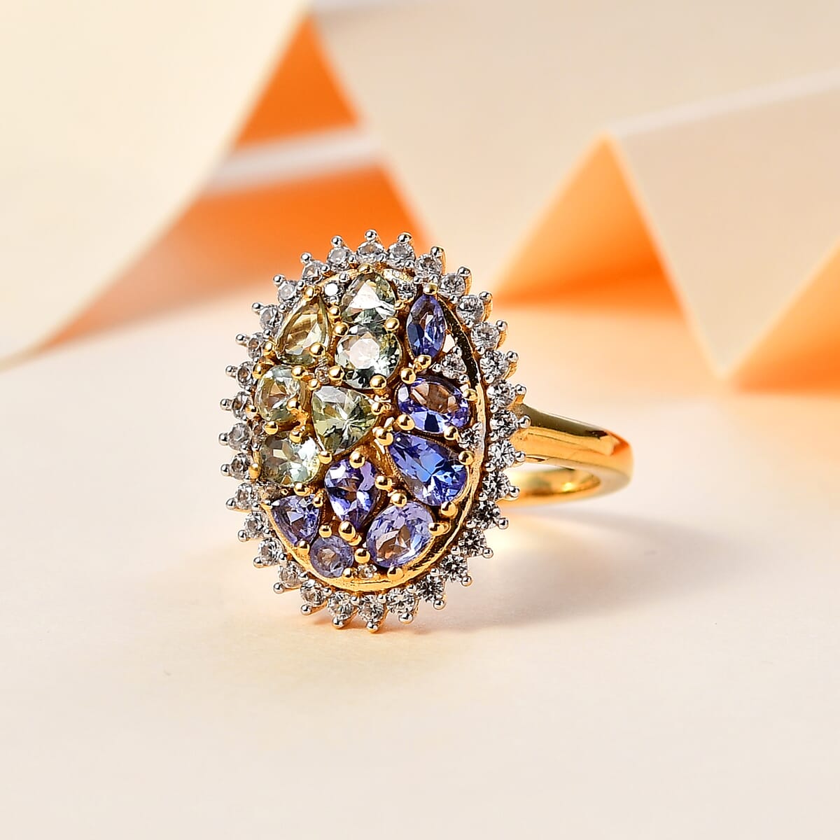 Tanzanite and Multi Gemstone Northern Lights Cocktail Ring in 18K Vermeil Yellow Gold Over Sterling Silver (Size 5.0) 2.60 ctw image number 1