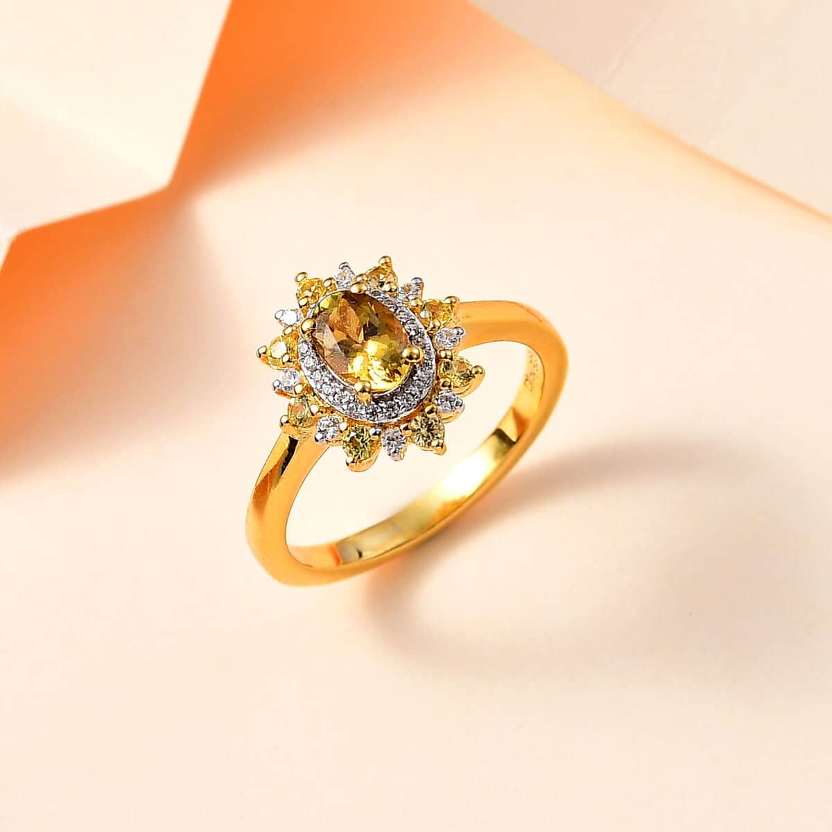 Golden Tanzanite and Multi Gemstone Sunburst Ring in 18K Vermeil Yellow Gold Over Sterling Silver (Size 10.0) 1.10 ctw image number 1