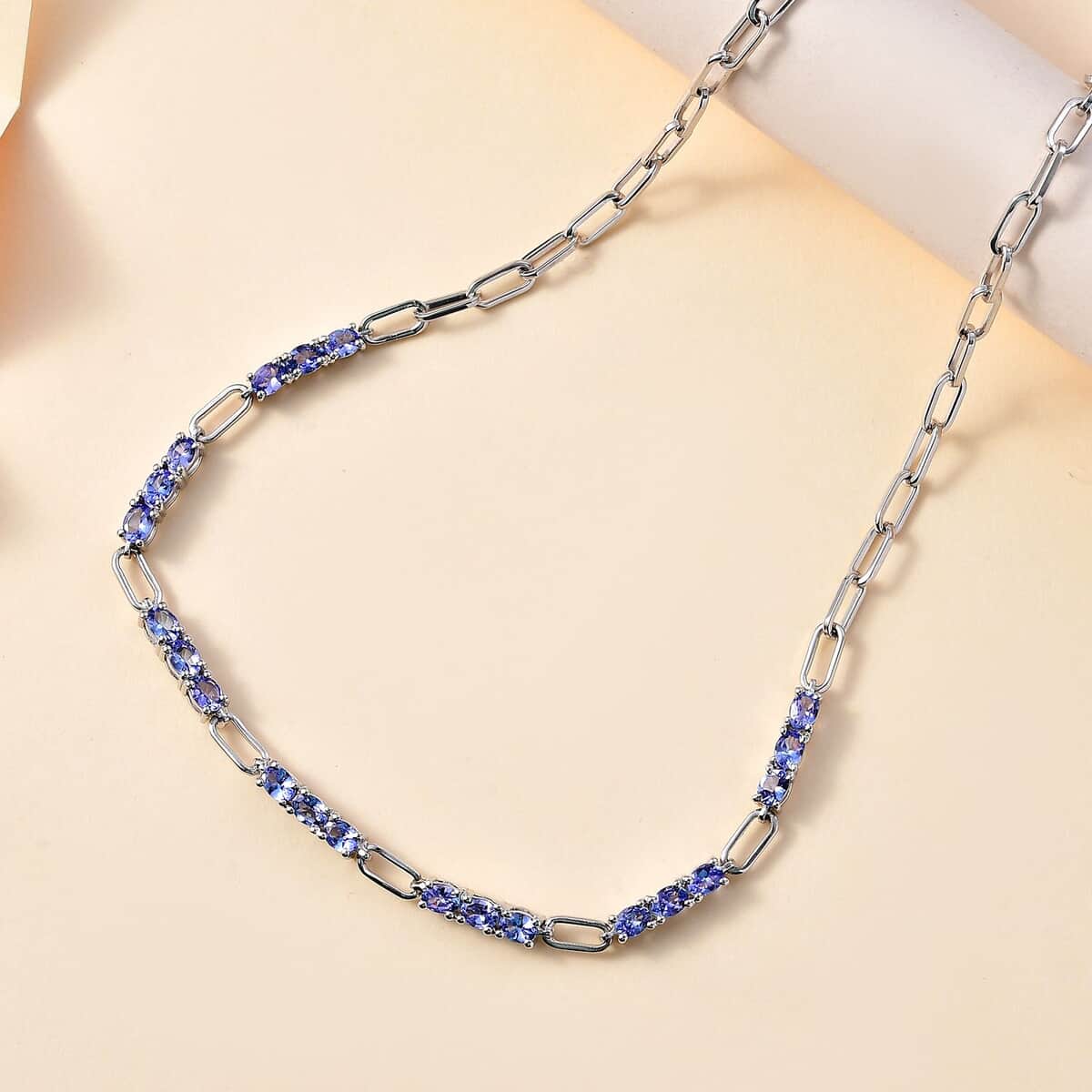 Tanzanite Paper Clip Chain Necklace 20 Inches in Rhodium Over Sterling Silver 3.65 ctw image number 1