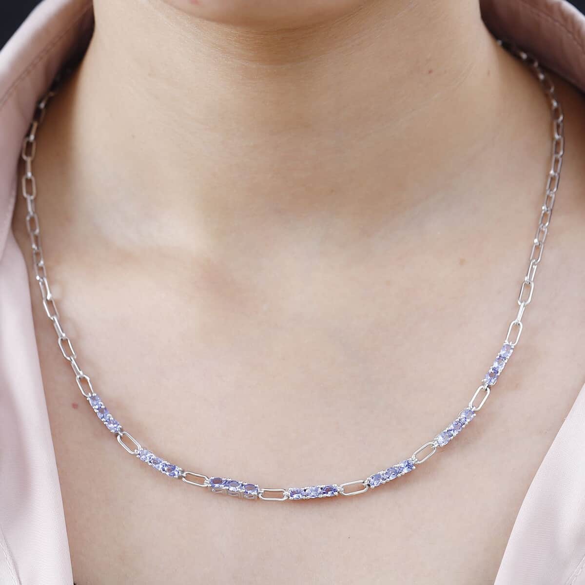 Tanzanite Paper Clip Chain Necklace 20 Inches in Rhodium Over Sterling Silver 3.65 ctw image number 2