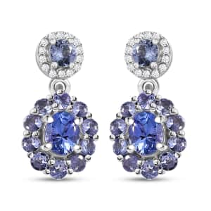 Tanzanite and White Zircon Floral Earrings in Rhodium Over Sterling Silver 1.75 ctw