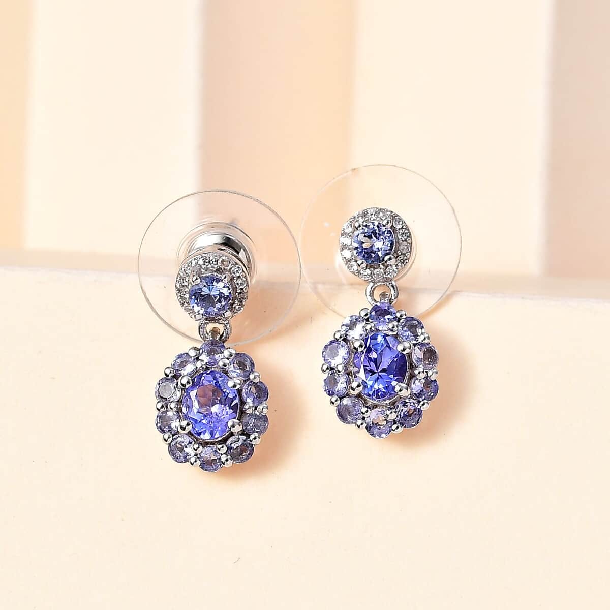 Tanzanite and White Zircon Floral Earrings in Rhodium Over Sterling Silver 1.75 ctw image number 1