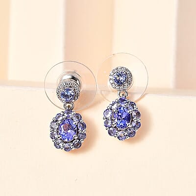 Tanzanite and White Zircon Floral Earrings in Rhodium Over Sterling Silver 1.75 ctw