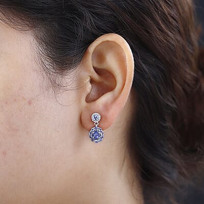 Tanzanite and White Zircon Floral Earrings in Rhodium Over Sterling Silver 1.75 ctw
