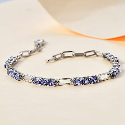 Tanzanite Paper Clip Chain Bracelet in Rhodium Over Sterling Silver (7.25 In) 3.00 ctw