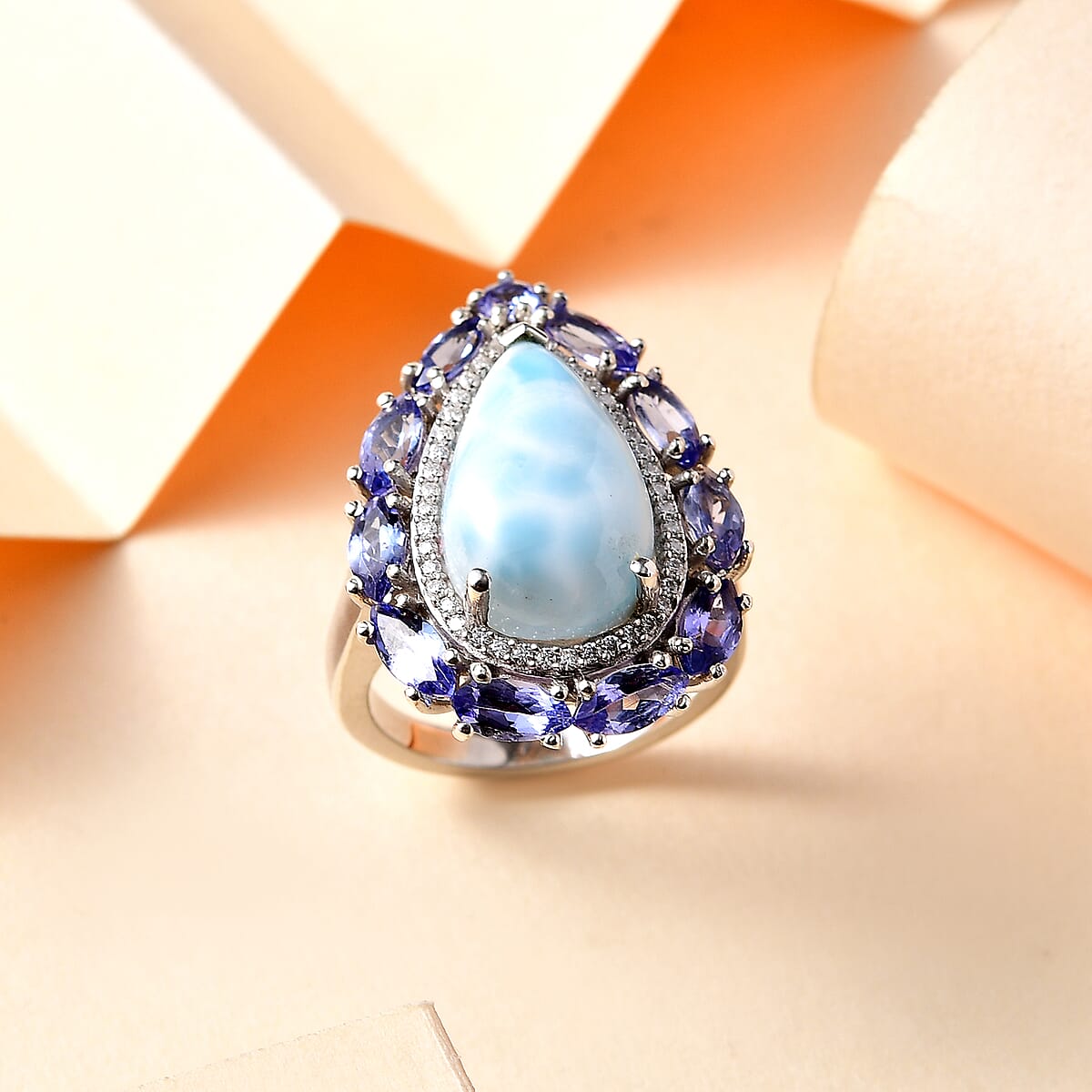 Premium Larimar, Multi Gemstone Halo Ring in Rhodium Over Sterling Silver (Size 10.0) 10.60 ctw image number 1