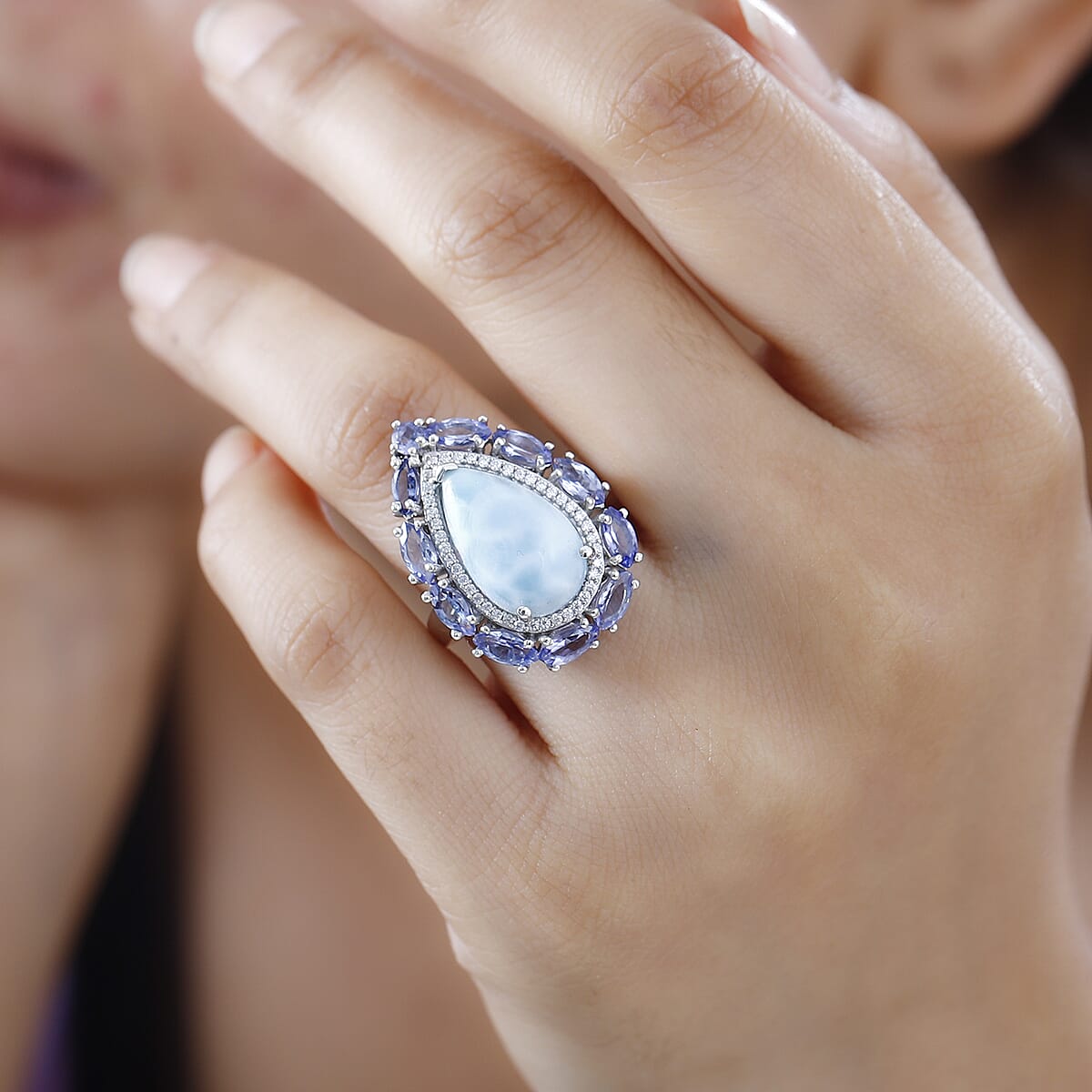 Premium Larimar, Multi Gemstone Halo Ring in Rhodium Over Sterling Silver (Size 10.0) 10.60 ctw image number 2