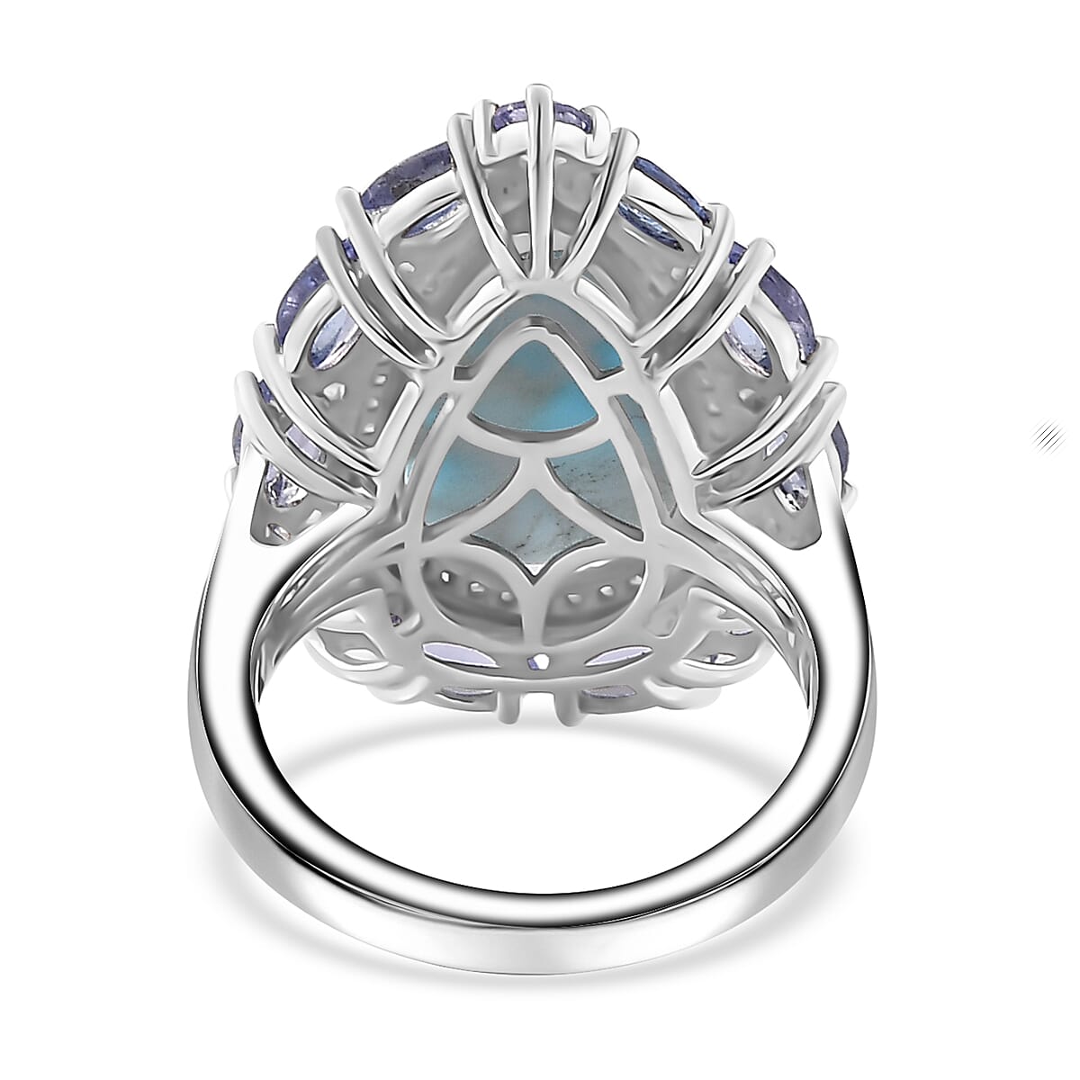 Premium Larimar, Multi Gemstone Halo Ring in Rhodium Over Sterling Silver (Size 10.0) 10.60 ctw image number 4