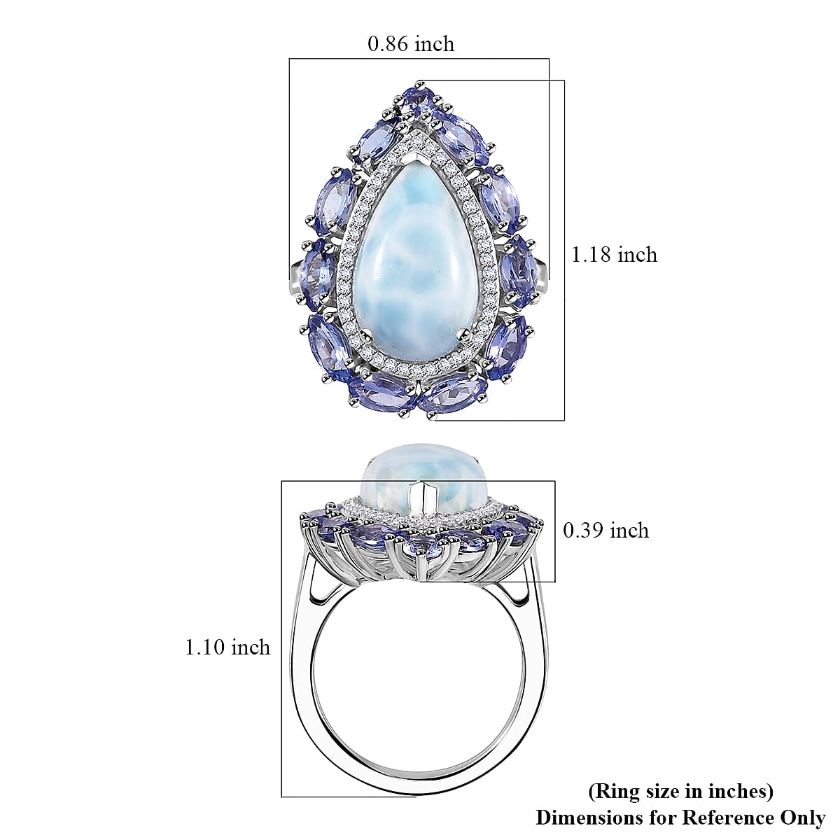 Premium Larimar, Multi Gemstone Halo Ring in Rhodium Over Sterling Silver (Size 10.0) 10.60 ctw image number 5