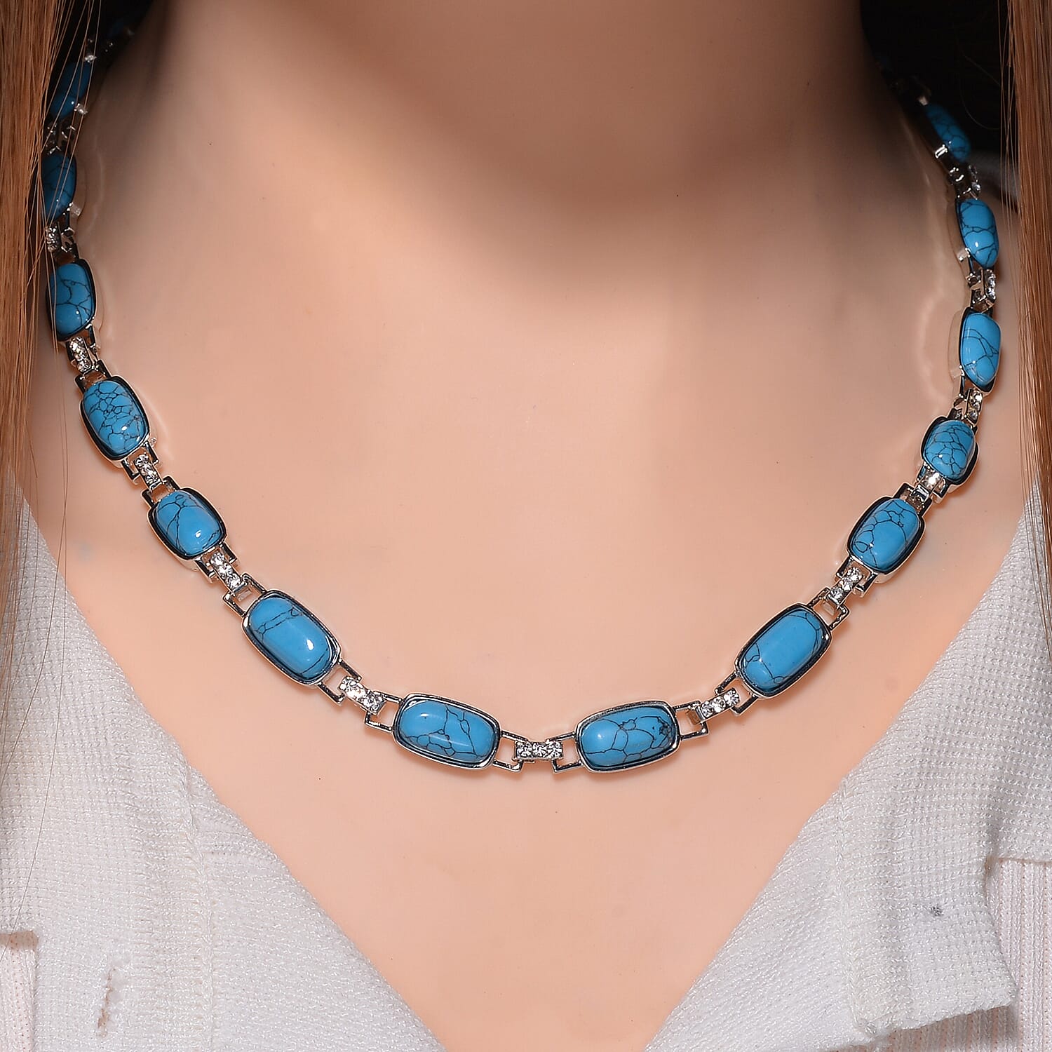 Blue Howlite and Austrian Crystal 90.00 ctw Station Necklace in Silvertone 20 Inches