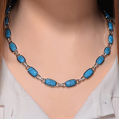 Blue Howlite and Austrian Crystal 90.00 ctw Station Necklace in Silvertone 20 Inches