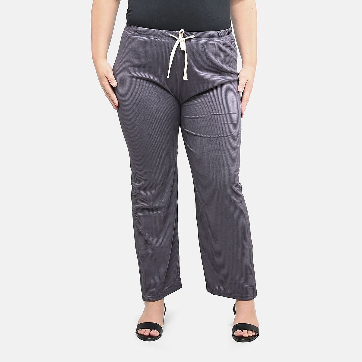 Black and Gray Striped Printed Pattern Stretch Lounge Pant - One Size Fits Most image number 1