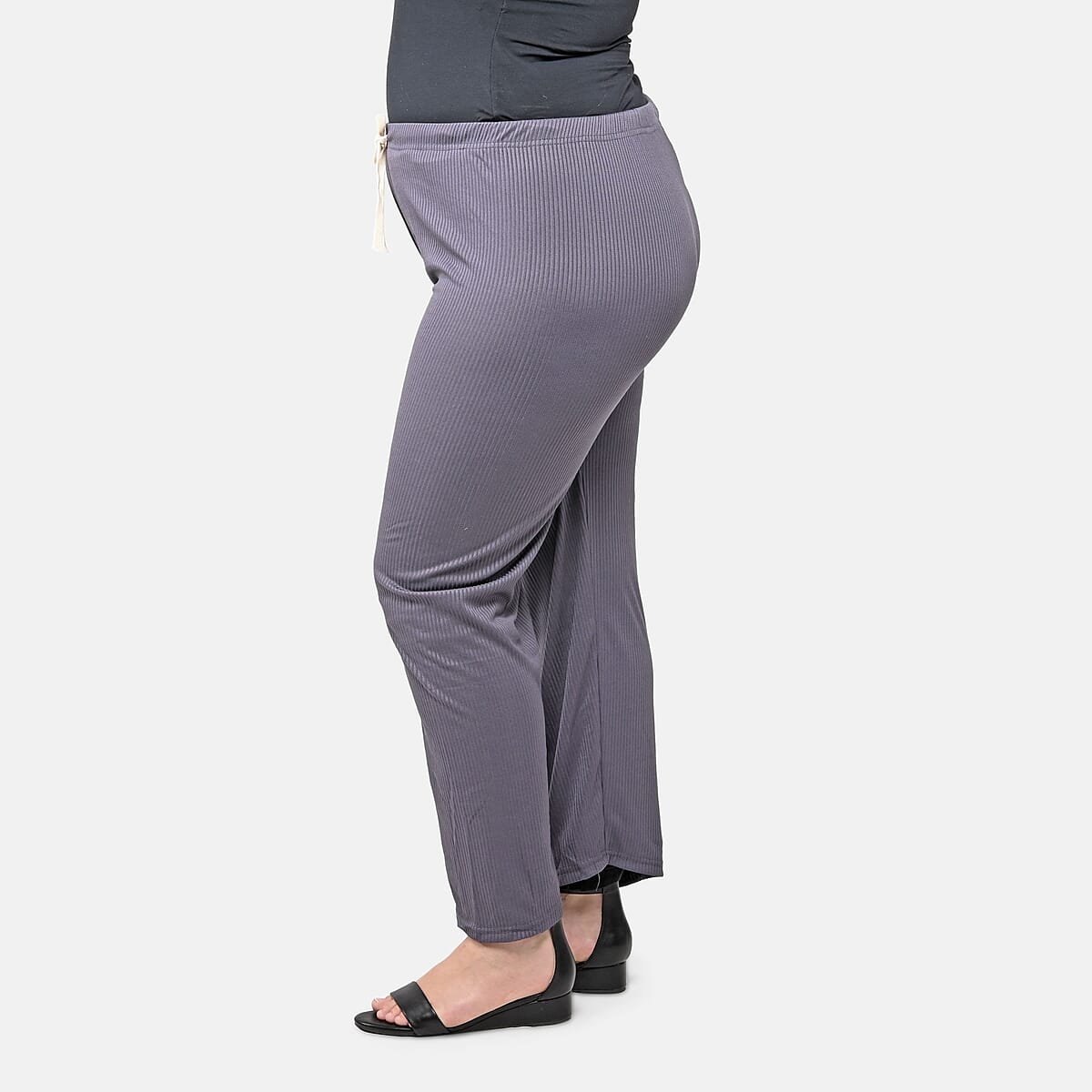 Black and Gray Striped Printed Pattern Stretch Lounge Pant - One Size Fits Most image number 2