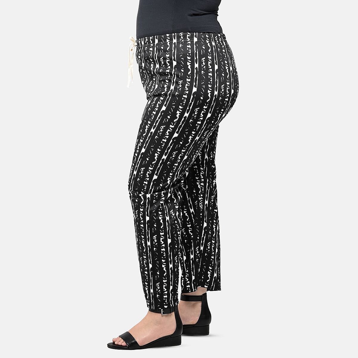 Black and Gray Striped Printed Pattern Stretch Lounge Pant - One Size Fits Most image number 7