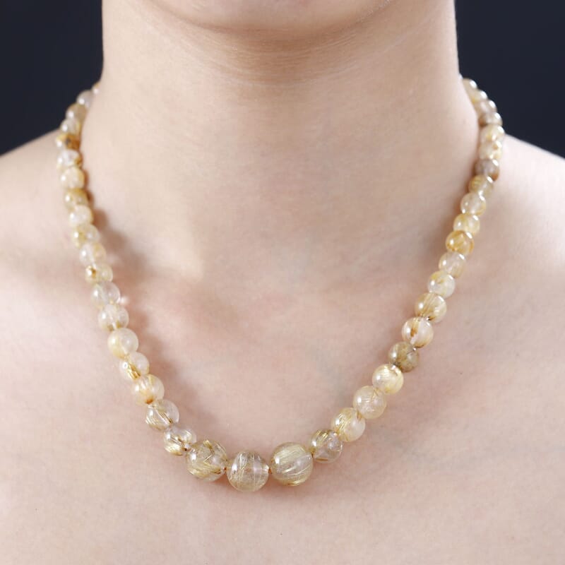 JCK Deal D'Joy Golden Rutilated Quartz Beaded Necklace 18-20 Inches in Vermeil Yellow Gold Over Sterling Silver 210.00 ctw