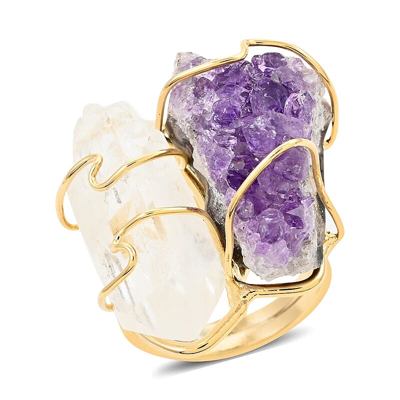 Colors of Brazil African Amethyst and Crystal Ring in Goldtone (Size 7.0) 40.00 ctw