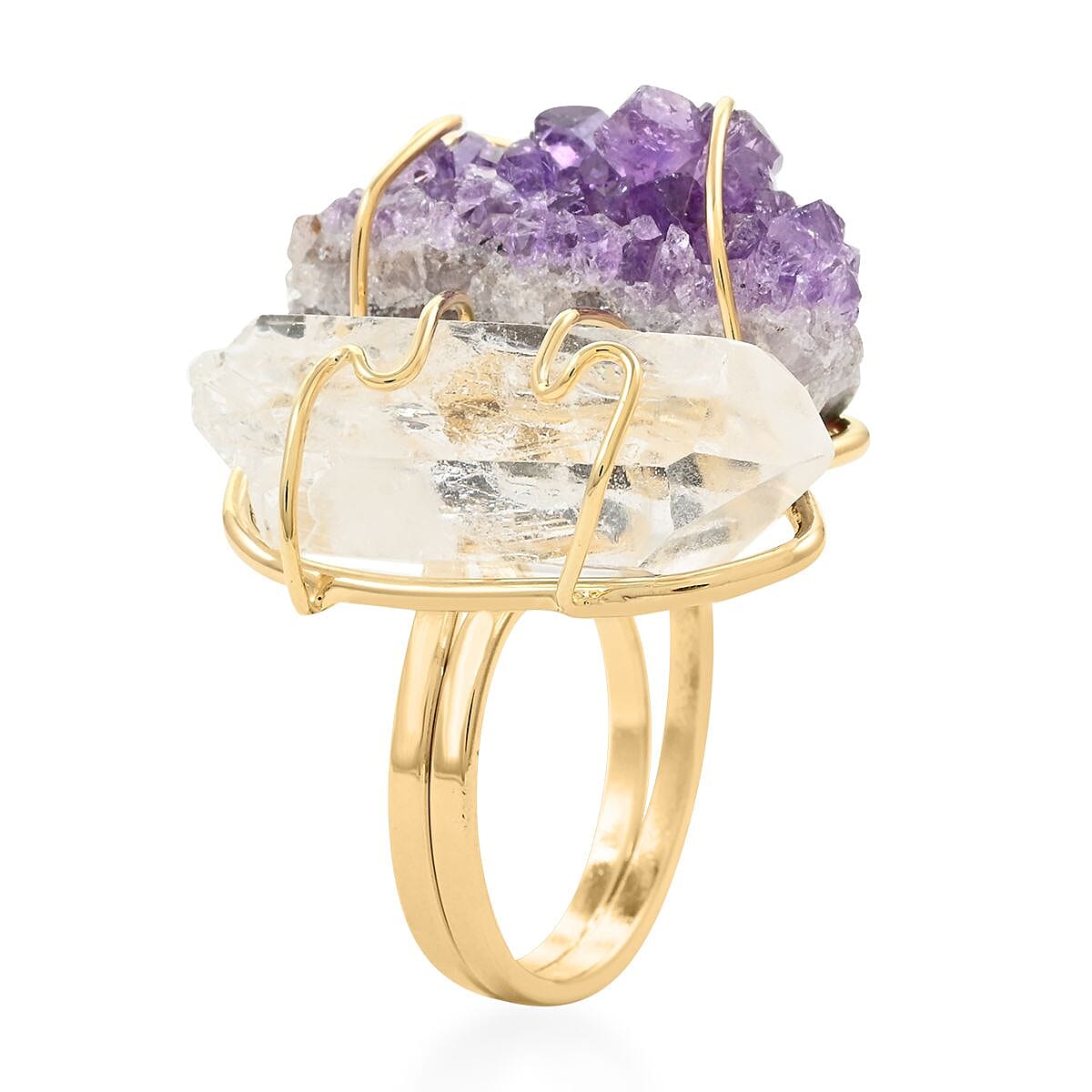 Colors of Brazil African Amethyst and Crystal Ring in Goldtone (Size 7.0) 40.00 ctw